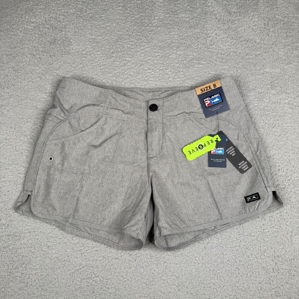 Pelagic Deep Sea Board Shorts Womens Size 8 Gray Fish Print Water Activated NWT